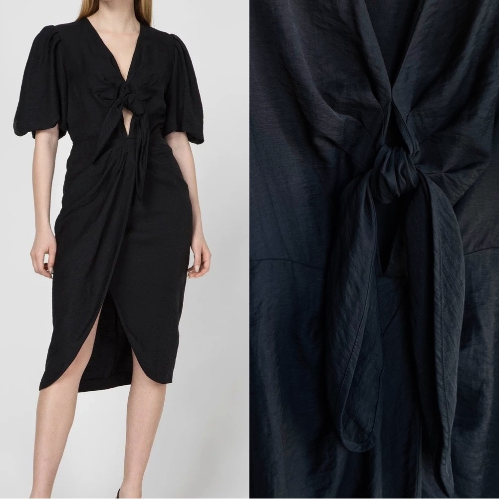 SANDRO Black Linen Tie Front Puff Sleeve Wrap Skirt Bloane Blum Midi Dress S - Picture 13 of 17